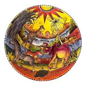 Penzo Zimbabwe Hand Painted African Safari Serving Bowl 8.5" Footed Bright Bold